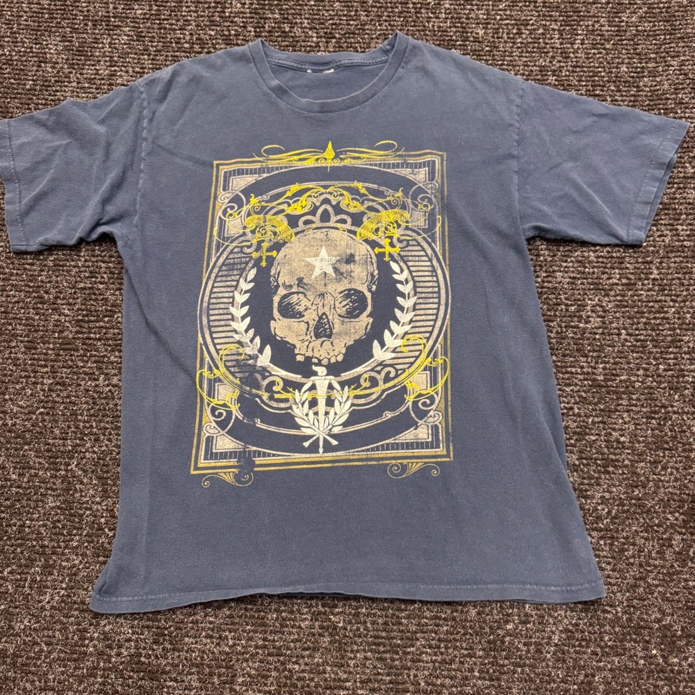 Vintage Graphic Skull T-Shirt Navy Blue Gothic Rock Star Crosses Men's Large